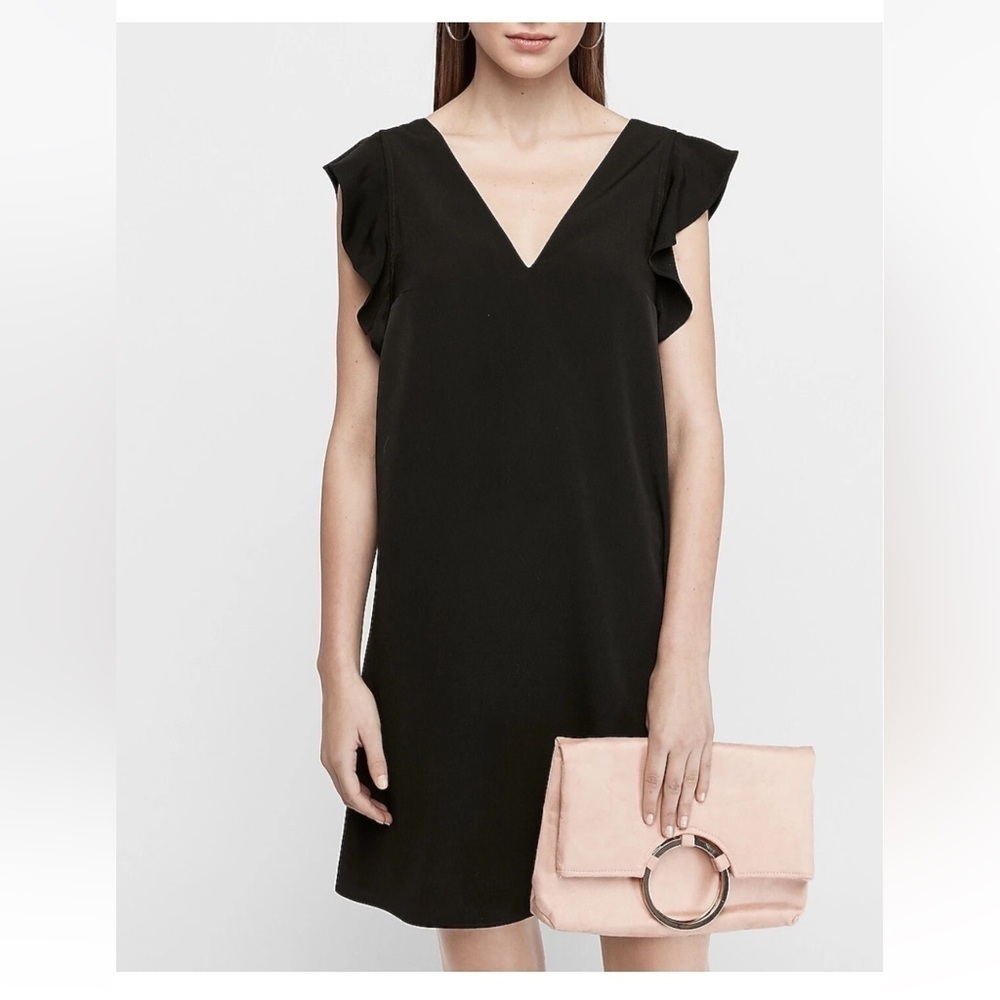Express double V neck ruffle sleeve dress black